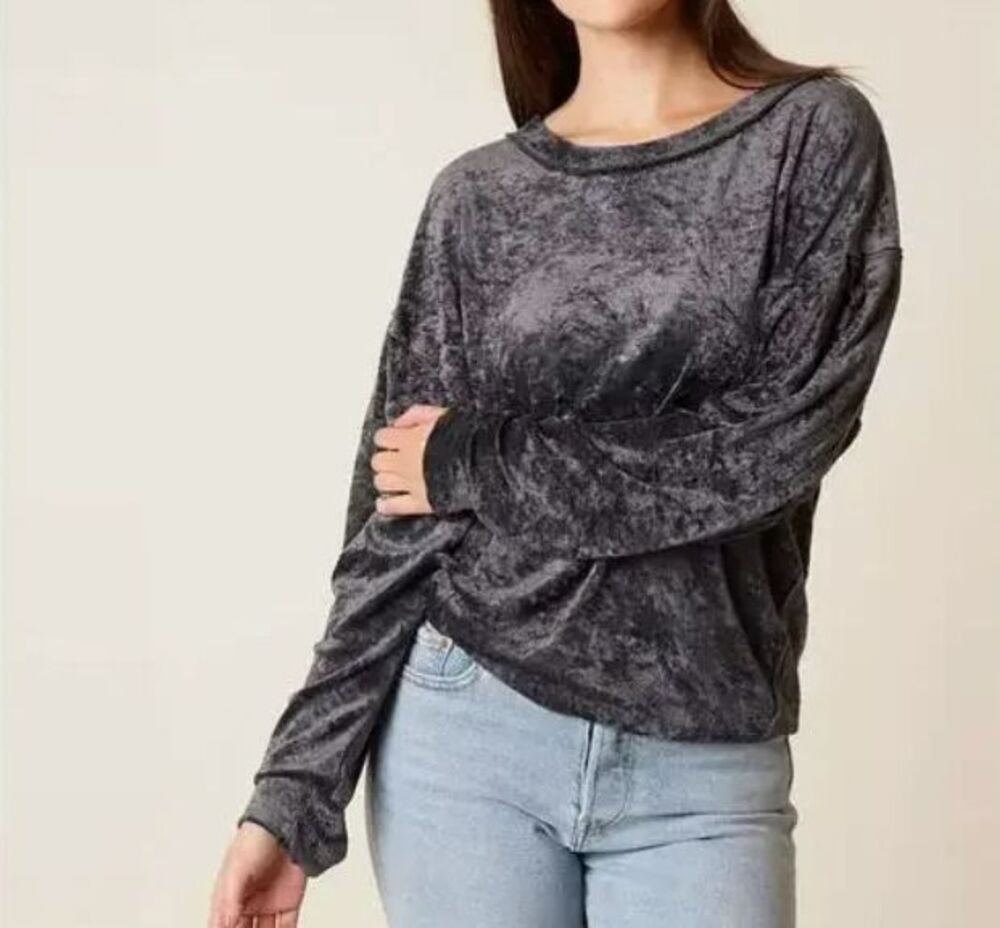 We the Free Milan Crushed Velvet Top-Medium-Gray-Dolman Sleeve-Oversized
